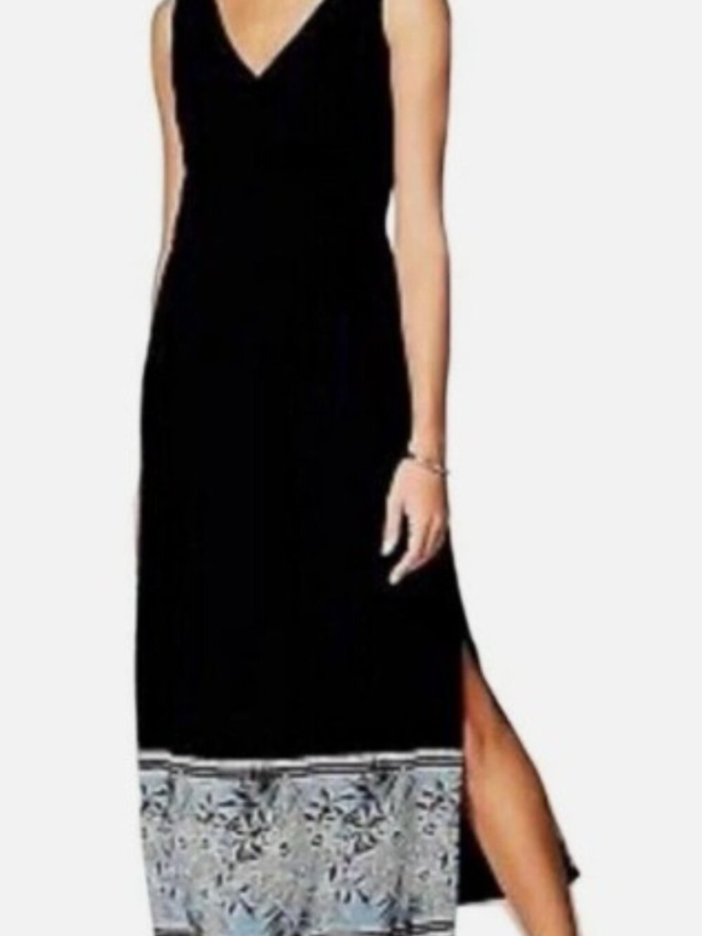 J. JILL HAVANA Maxi Dress Black with Blue Border Print Large